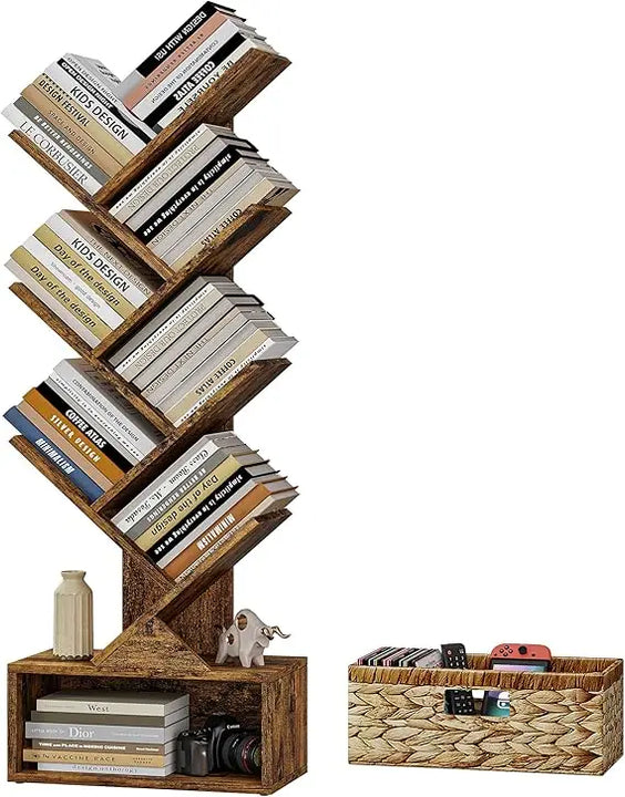 6 Tier Tree Bookshelf, Modern Floor Standing Bookcase with Storage Drawer, Tall Wood Book Storage Rack for CDs/Books, Utility B