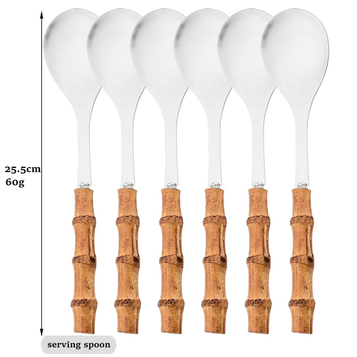 6Pcs Gold Natural Bamboo Handle 304 Dinnerware Set Stainless Steel Cutlery Set Upscale Knife Dessert Fork Spoon Tableware Set