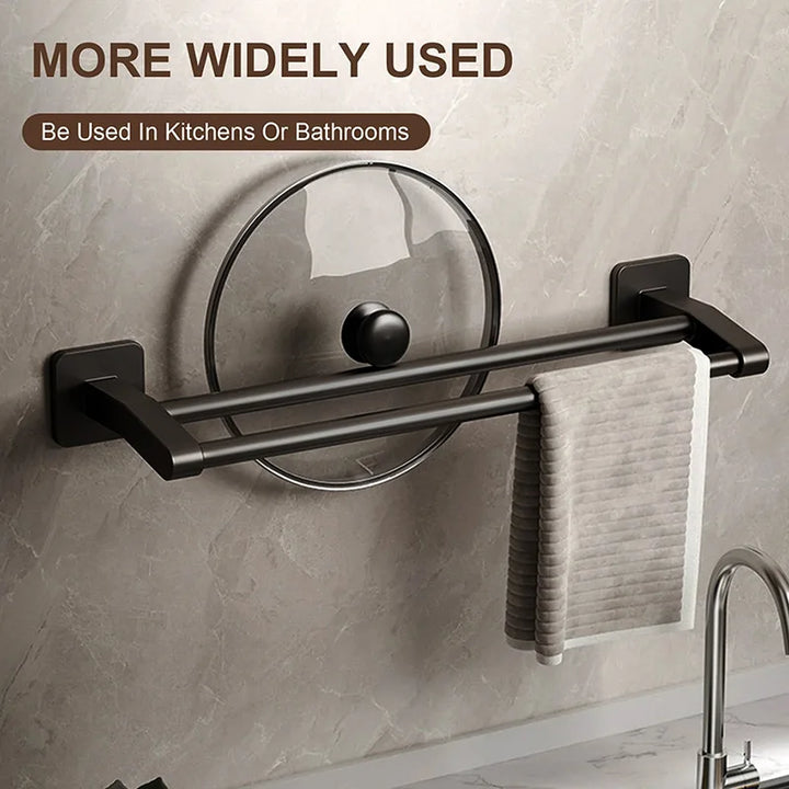 Black Bathroom Towel Shelf Rack Holder Self-adhesive Space Aluminum Bath Towel Hanger Rod Double Bar Kitchen Hand Towel Rail