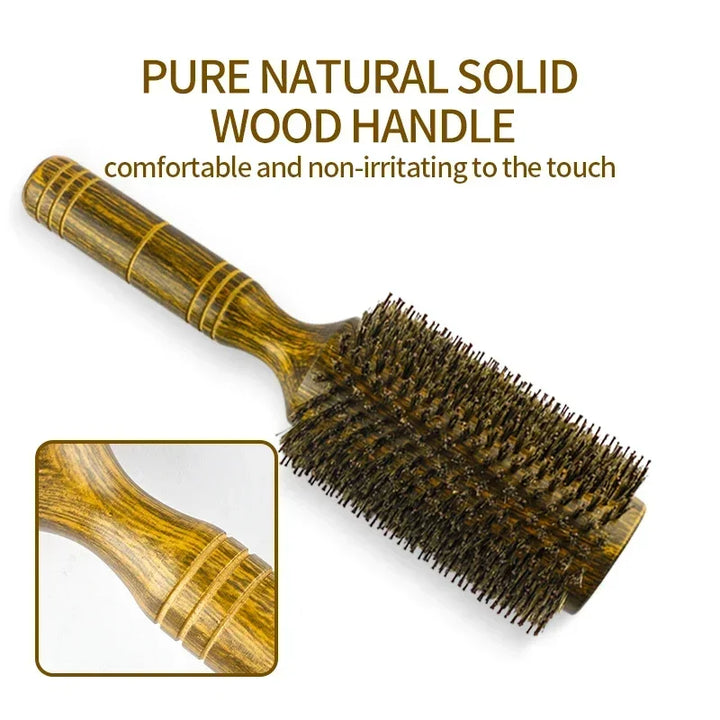 Professional Boar Bristle Round Hair Brush For Women Men Salon Hair Styling Curly And Straight Comb Hairdresser Wood Round Brush