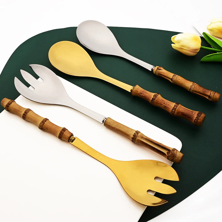 6Pcs Gold Natural Bamboo Handle 304 Dinnerware Set Stainless Steel Cutlery Set Upscale Knife Dessert Fork Spoon Tableware Set