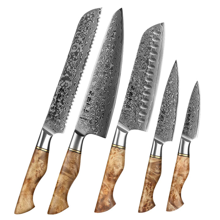 HEZHEN 1-5PC Knife Set Professional Damascus Steel  Chef Santoku Bread Utility Paring Cook Knife For Meat Sharp Kitchen Knife