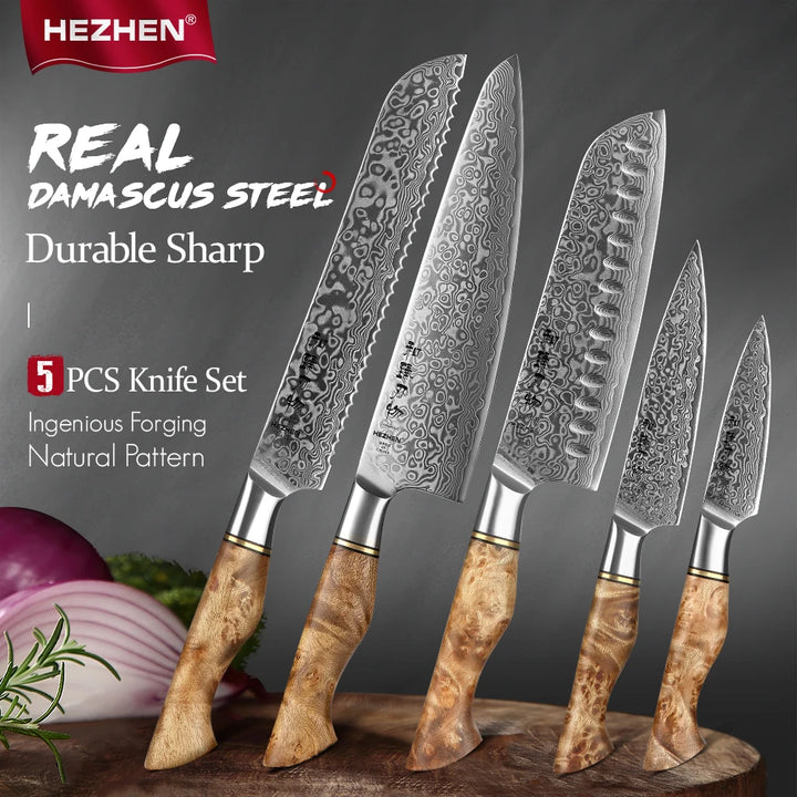 HEZHEN 1-5PC Knife Set Professional Damascus Steel  Chef Santoku Bread Utility Paring Cook Knife For Meat Sharp Kitchen Knife