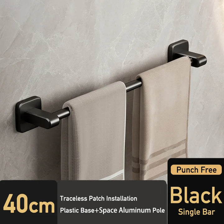 Black Bathroom Towel Shelf Rack Holder Self-adhesive Space Aluminum Bath Towel Hanger Rod Double Bar Kitchen Hand Towel Rail