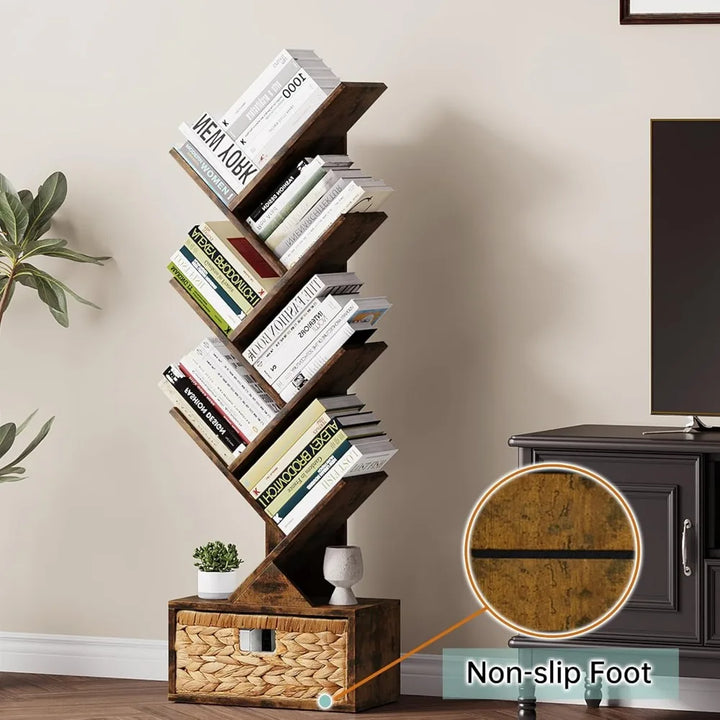 6 Tier Tree Bookshelf, Modern Floor Standing Bookcase with Storage Drawer, Tall Wood Book Storage Rack for CDs/Books, Utility B