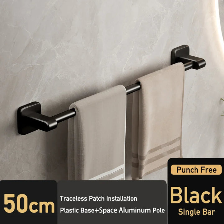 Black Bathroom Towel Shelf Rack Holder Self-adhesive Space Aluminum Bath Towel Hanger Rod Double Bar Kitchen Hand Towel Rail