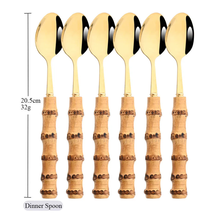 6Pcs Gold Natural Bamboo Handle 304 Dinnerware Set Stainless Steel Cutlery Set Upscale Knife Dessert Fork Spoon Tableware Set