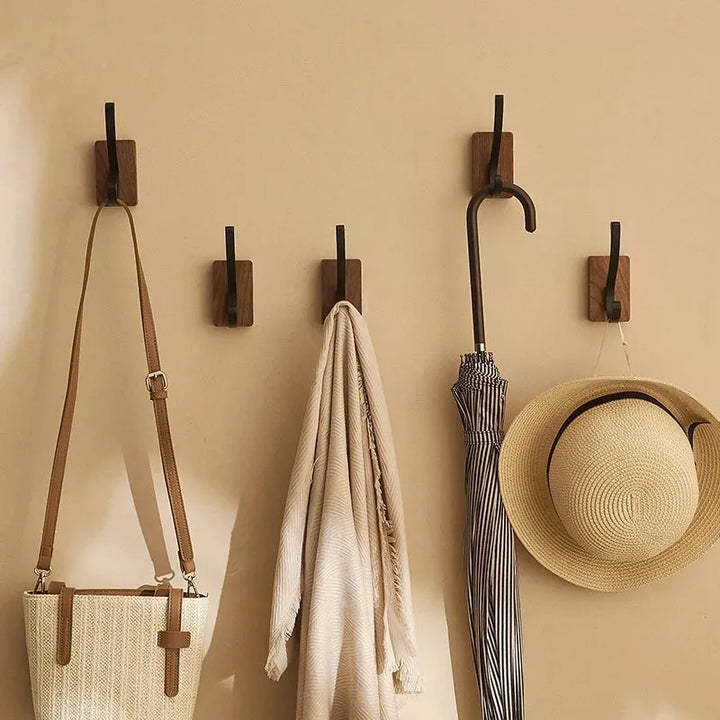 Self-Adhesive Walnut Wood Wall Stylish Coat & Towel Hanger