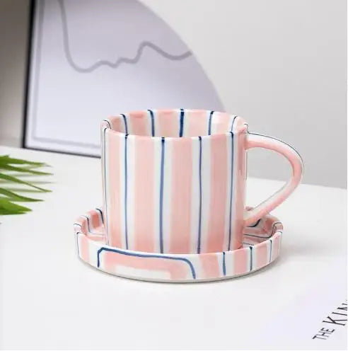 Simple Striped Ceramic Teacup Hotel Café Porcelain Coffee Cup 280ml Office Mug Breakfast Bread Dessert Mug Gift Table Decoration