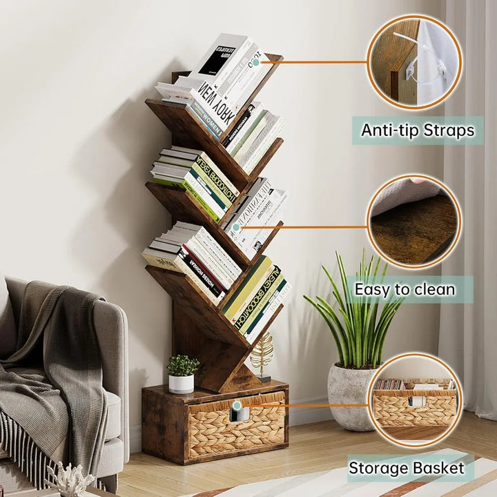 6 Tier Tree Bookshelf, Modern Floor Standing Bookcase with Storage Drawer, Tall Wood Book Storage Rack for CDs/Books, Utility B