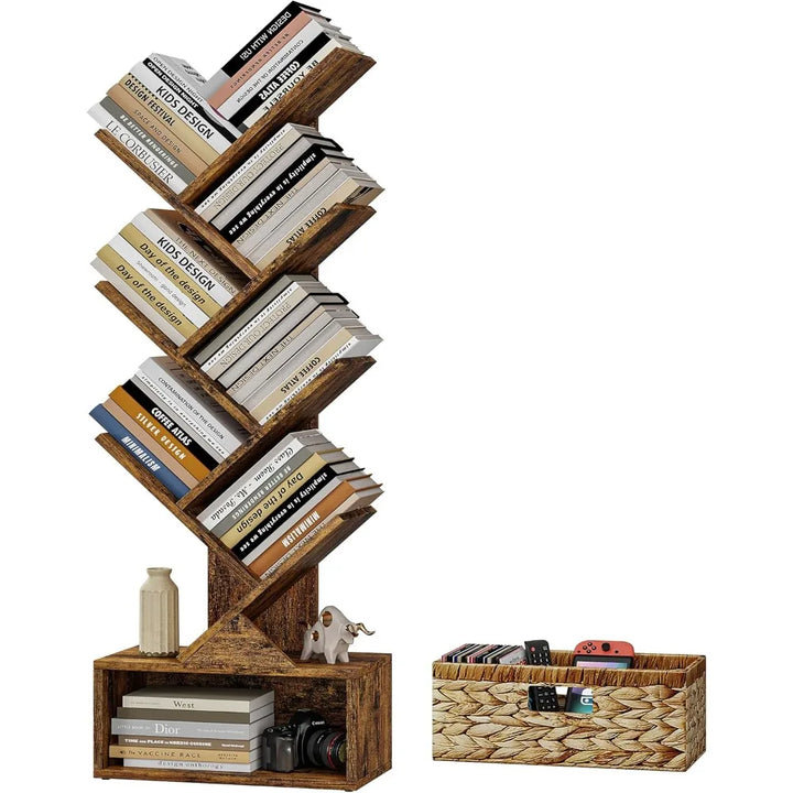 6 Tier Tree Bookshelf, Modern Floor Standing Bookcase with Storage Drawer, Tall Wood Book Storage Rack for CDs/Books, Utility B