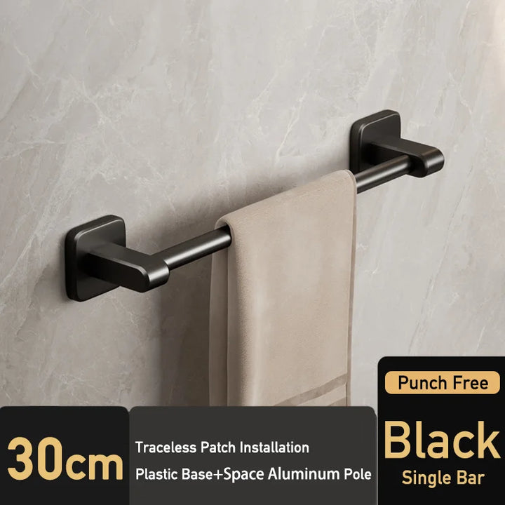 Black Bathroom Towel Shelf Rack Holder Self-adhesive Space Aluminum Bath Towel Hanger Rod Double Bar Kitchen Hand Towel Rail