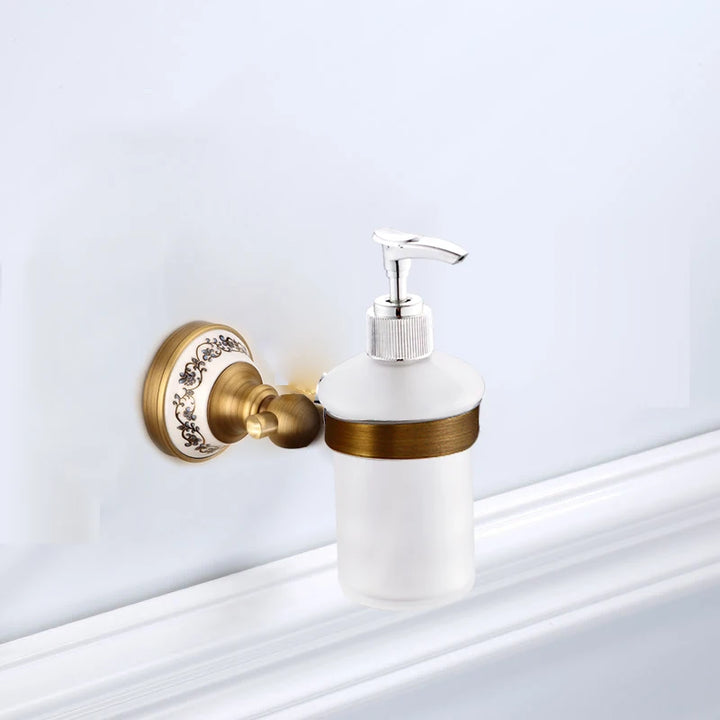 Antique Brushed Solid Brass Bathroom Accessories Sets European Porcelain Bathroom Hardware Sets Ceramic Retro Bathroom Products