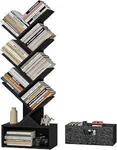 6 Tier Tree Bookshelf, Modern Floor Standing Bookcase with Storage Drawer, Tall Wood Book Storage Rack for CDs/Books, Utility B