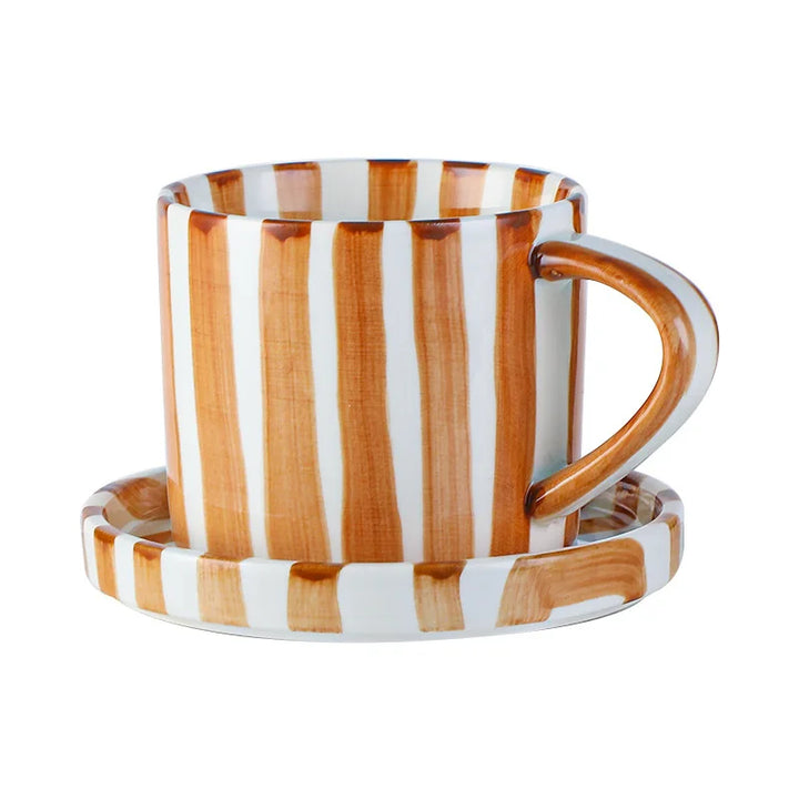 Simple Striped Ceramic Teacup Hotel Café Porcelain Coffee Cup 280ml Office Mug Breakfast Bread Dessert Mug Gift Table Decoration