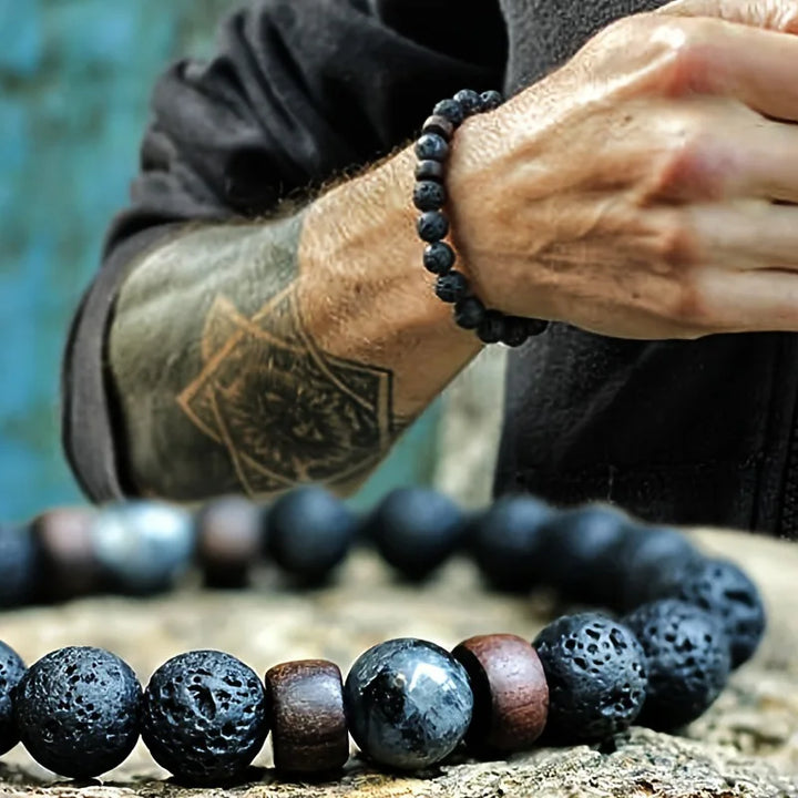 Stylish Men’s Volcanic Stone Bead Bracelet – Retro European & American Design