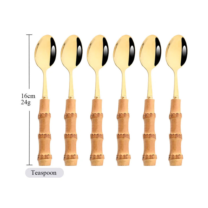 6Pcs Gold Natural Bamboo Handle 304 Dinnerware Set Stainless Steel Cutlery Set Upscale Knife Dessert Fork Spoon Tableware Set