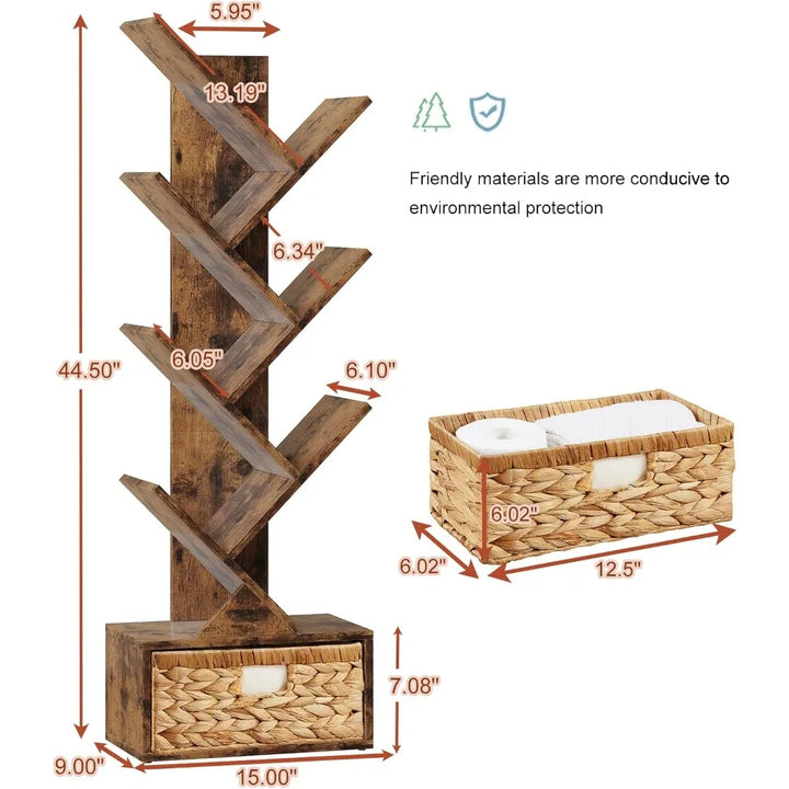 6 Tier Tree Bookshelf, Modern Floor Standing Bookcase with Storage Drawer, Tall Wood Book Storage Rack for CDs/Books, Utility B