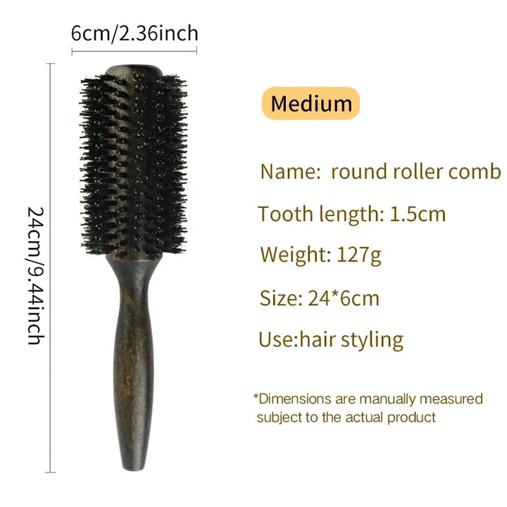 Professional Boar Bristle Round Hair Brush For Women Men Salon Hair Styling Curly And Straight Comb Hairdresser Wood Round Brush