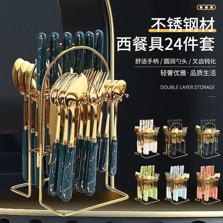 24 pcs cutlery ceramic handle stainless steel knife fork spoon and spoon with shelving gold silver cutlery set  dinnerware set