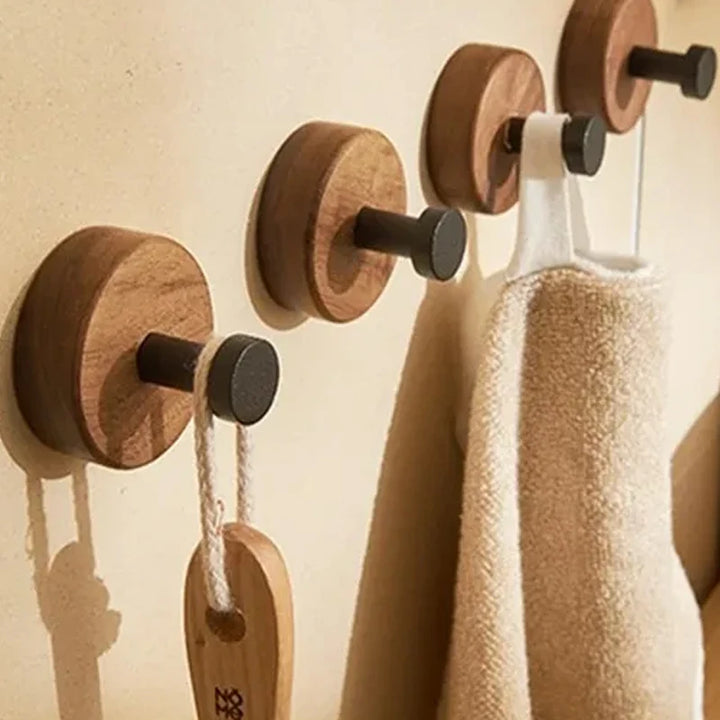 Self-Adhesive Walnut Wood Wall Stylish Coat & Towel Hanger