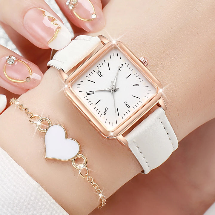 6PCs/Set Women's Fashion Watch Square Simple Dial Leather Quartz Watch with Love Bracelet Set