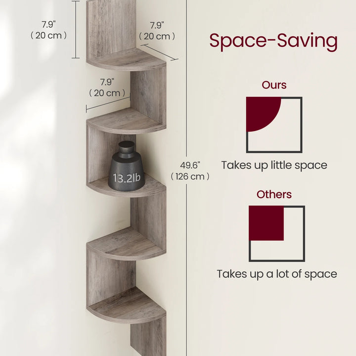 VASAGLE Corner Shelf Wall Mount, 5-Tier Floating Corner Bookshelf, Plant Shelf for Bedroom, Living Room, Bathroom, Home Office