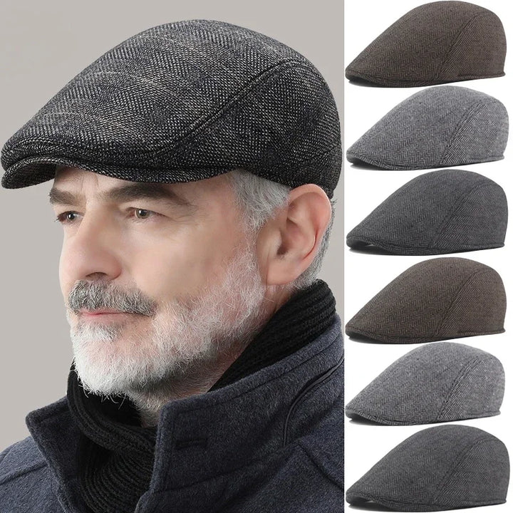 Classic Men’s Wool Beret – High-Quality Herringbone Autumn & Winter Hat