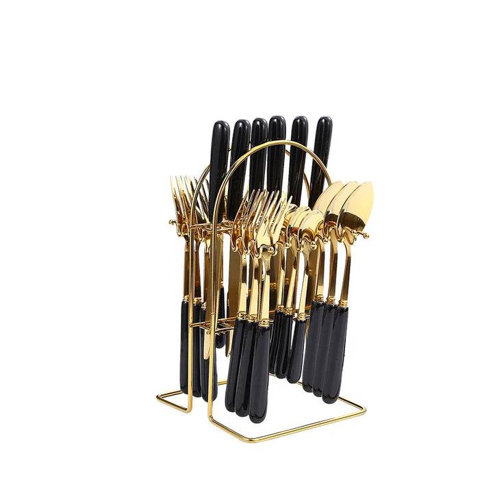 24 pcs cutlery ceramic handle stainless steel knife fork spoon and spoon with shelving gold silver cutlery set  dinnerware set