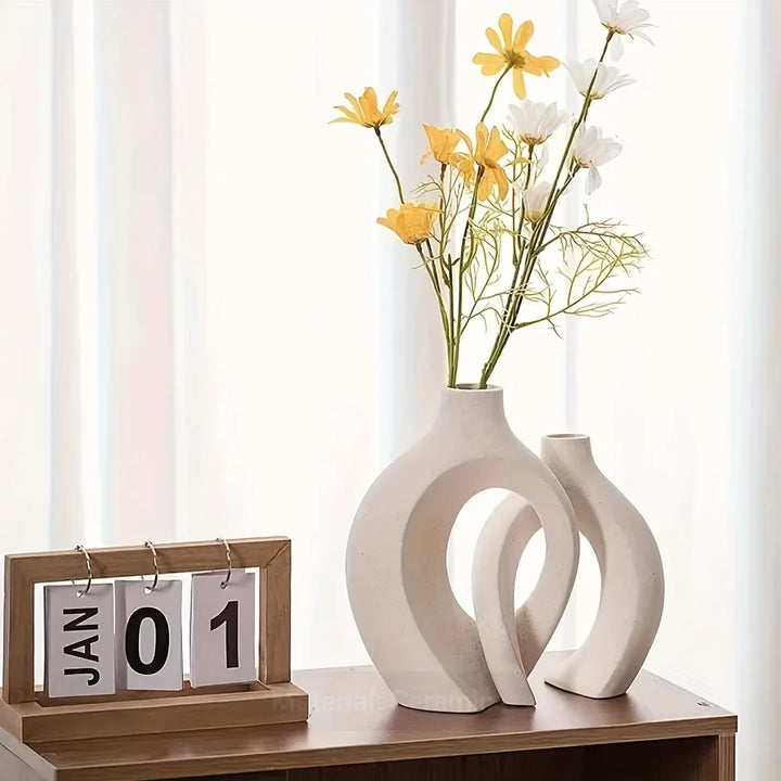 Set of 2 Hollow Nordic Ceramic Vases  Modern Boho Decor for Living Room & Bookshelf