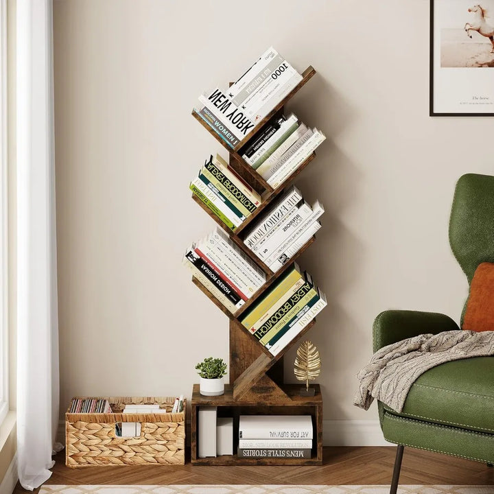 6 Tier Tree Bookshelf, Modern Floor Standing Bookcase with Storage Drawer, Tall Wood Book Storage Rack for CDs/Books, Utility B