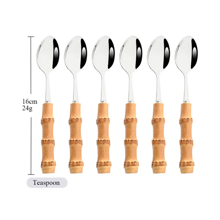 6Pcs Gold Natural Bamboo Handle 304 Dinnerware Set Stainless Steel Cutlery Set Upscale Knife Dessert Fork Spoon Tableware Set