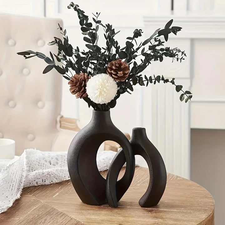 Set of 2 Hollow Nordic Ceramic Vases  Modern Boho Decor for Living Room & Bookshelf