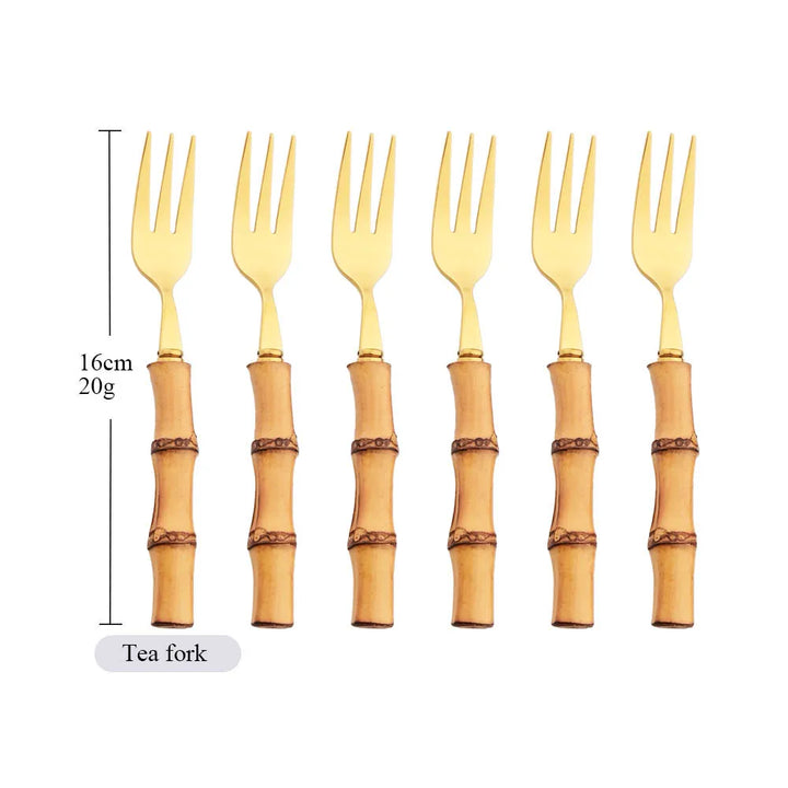 6Pcs Gold Natural Bamboo Handle 304 Dinnerware Set Stainless Steel Cutlery Set Upscale Knife Dessert Fork Spoon Tableware Set