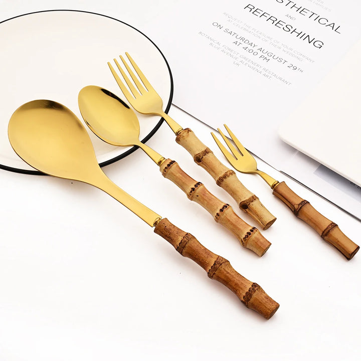 6Pcs Gold Natural Bamboo Handle 304 Dinnerware Set Stainless Steel Cutlery Set Upscale Knife Dessert Fork Spoon Tableware Set