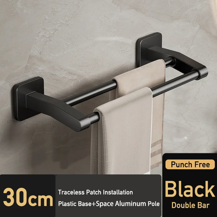 Black Bathroom Towel Shelf Rack Holder Self-adhesive Space Aluminum Bath Towel Hanger Rod Double Bar Kitchen Hand Towel Rail