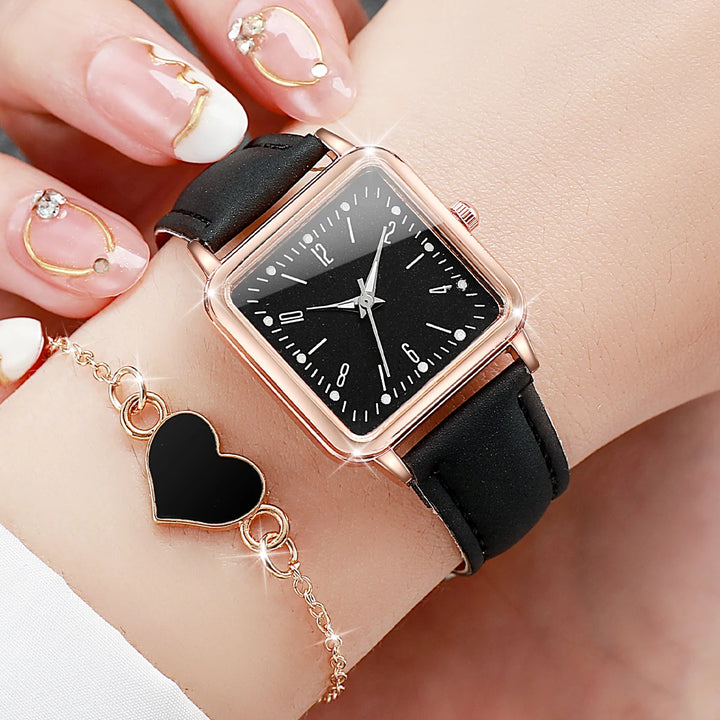 6PCs/Set Women's Fashion Watch Square Simple Dial Leather Quartz Watch with Love Bracelet Set