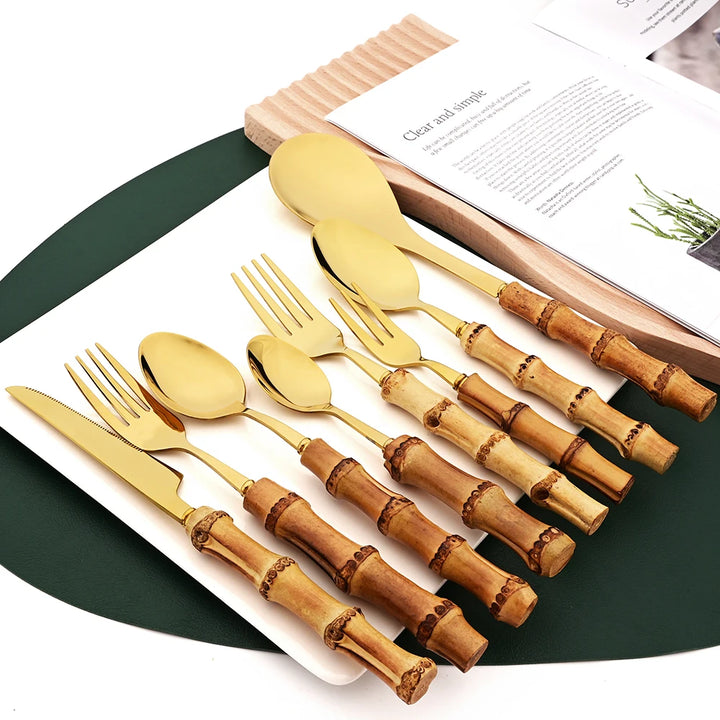 6Pcs Gold Natural Bamboo Handle 304 Dinnerware Set Stainless Steel Cutlery Set Upscale Knife Dessert Fork Spoon Tableware Set