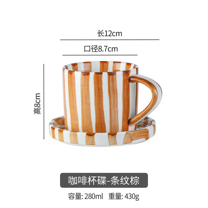 Simple Striped Ceramic Teacup Hotel Café Porcelain Coffee Cup 280ml Office Mug Breakfast Bread Dessert Mug Gift Table Decoration