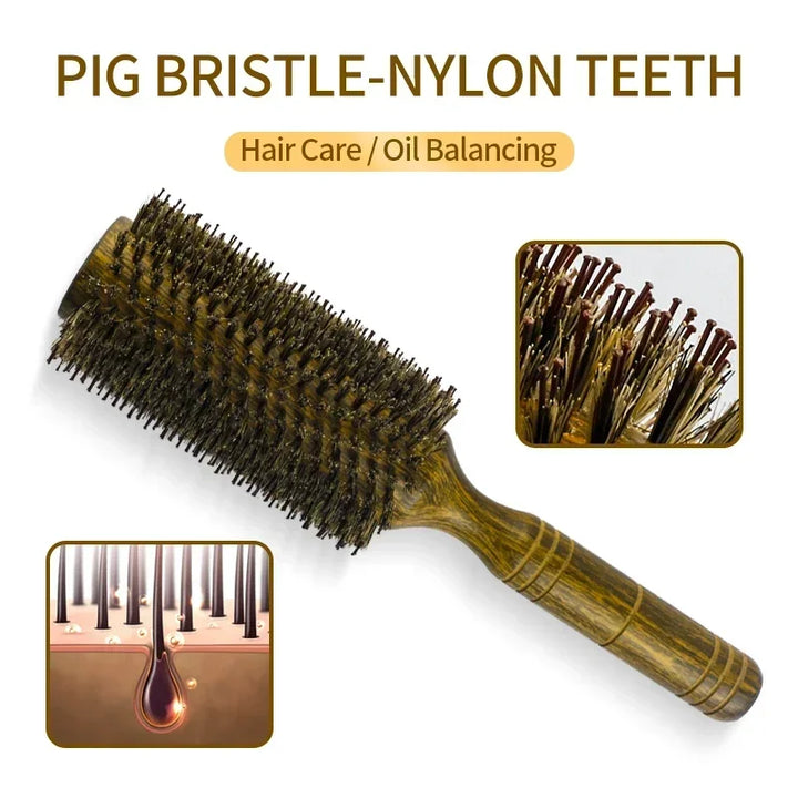 Professional Boar Bristle Round Hair Brush For Women Men Salon Hair Styling Curly And Straight Comb Hairdresser Wood Round Brush