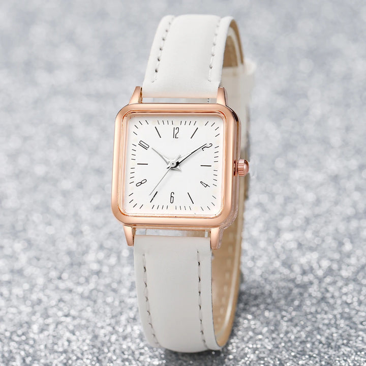 6PCs/Set Women's Fashion Watch Square Simple Dial Leather Quartz Watch with Love Bracelet Set