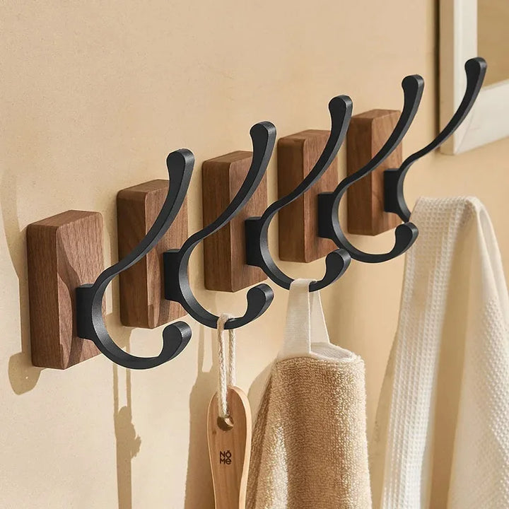 Self-Adhesive Walnut Wood Wall Stylish Coat & Towel Hanger