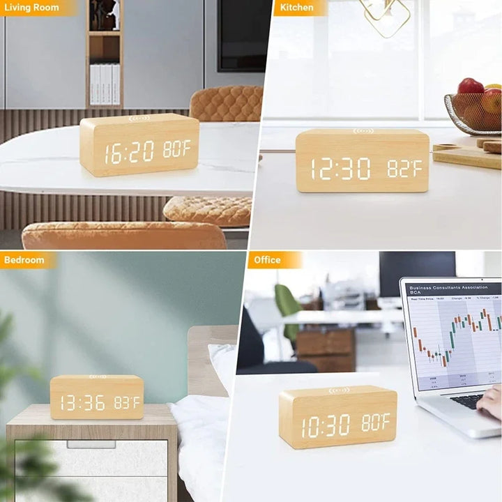 Voice Control Wooden Digital Alarm Clock Wireless Charging Temperature Date Night Mode Table Clock 3 Alarm 12/24H LED Clock