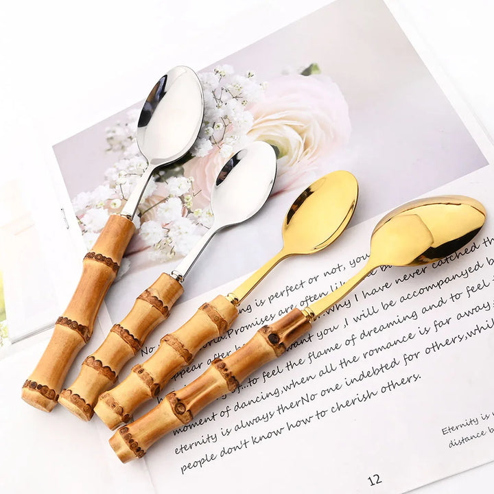 6Pcs Gold Natural Bamboo Handle 304 Dinnerware Set Stainless Steel Cutlery Set Upscale Knife Dessert Fork Spoon Tableware Set