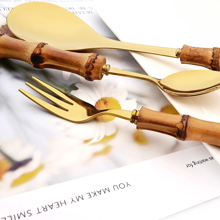 6Pcs Gold Natural Bamboo Handle 304 Dinnerware Set Stainless Steel Cutlery Set Upscale Knife Dessert Fork Spoon Tableware Set