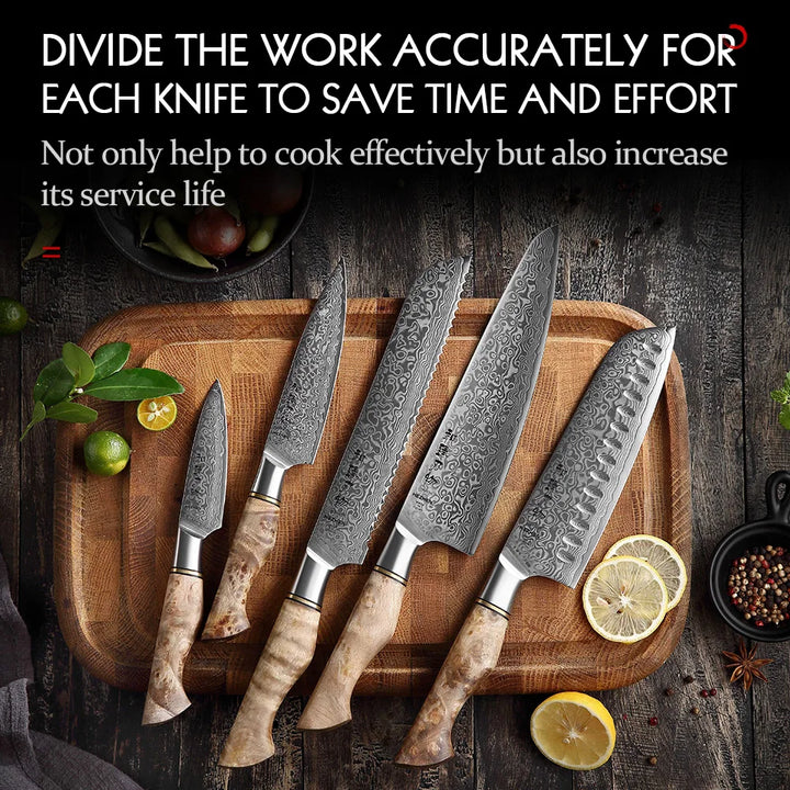 HEZHEN 1-5PC Knife Set Professional Damascus Steel  Chef Santoku Bread Utility Paring Cook Knife For Meat Sharp Kitchen Knife