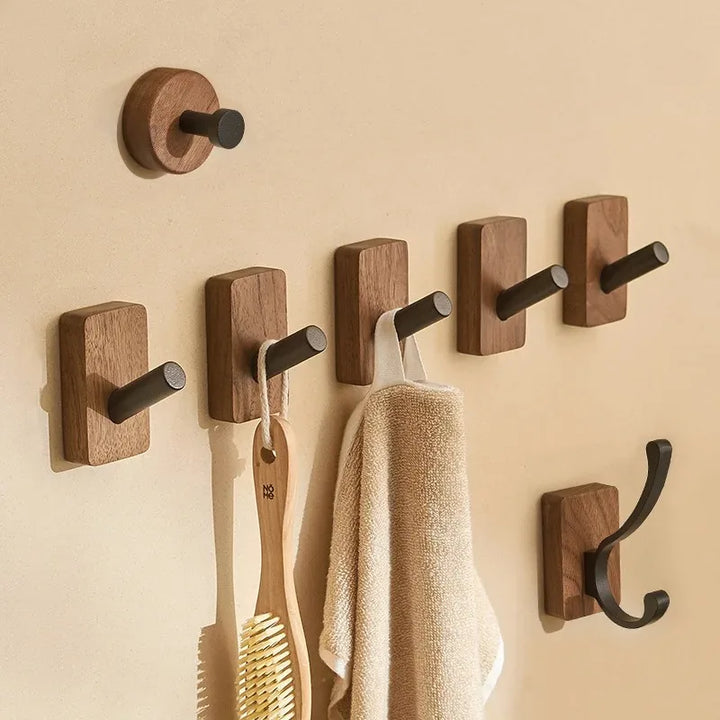 Self-Adhesive Walnut Wood Wall Stylish Coat & Towel Hanger