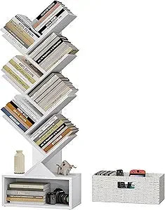 6 Tier Tree Bookshelf, Modern Floor Standing Bookcase with Storage Drawer, Tall Wood Book Storage Rack for CDs/Books, Utility B