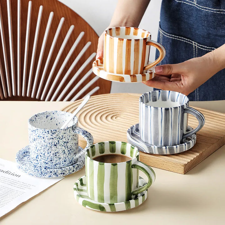 Elegant Striped Ceramic Coffee Cup 280ml Porcelain Teacup for Home, Office & Café