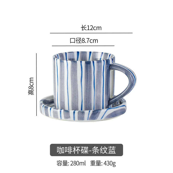 Simple Striped Ceramic Teacup Hotel Café Porcelain Coffee Cup 280ml Office Mug Breakfast Bread Dessert Mug Gift Table Decoration